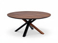 Ronde houten eettafel met moderne X-vormige basis