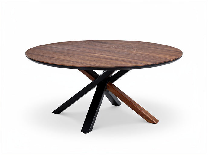 Ronde houten eettafel met moderne X-vormige basis