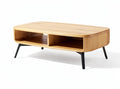 Moderne houten salontafel met open opbergvak en metalen poten