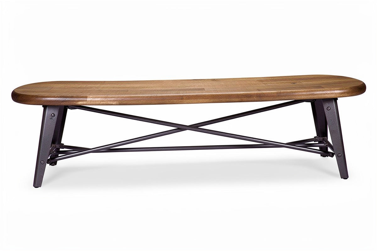 Moderne houten bank met metalen onderstel