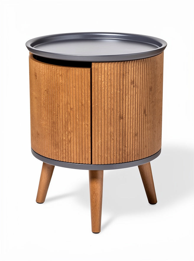 Ronde houtlook bijzettafel met zwarte metalen bovenkant